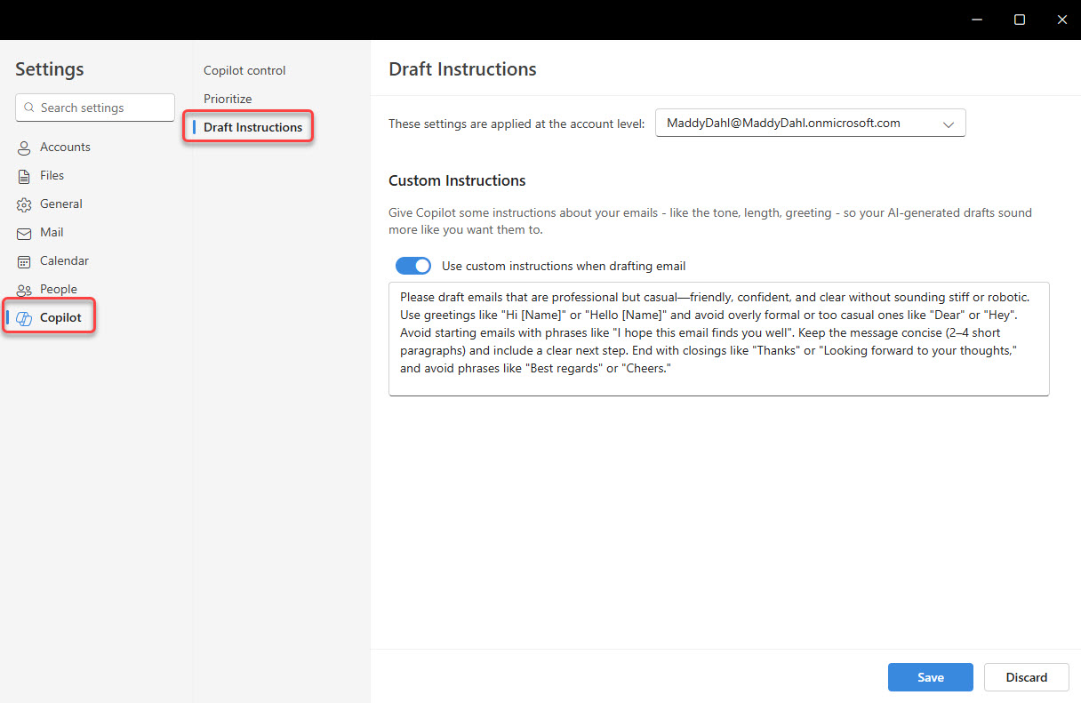 Copilot in Outlook – Custom Instructions
